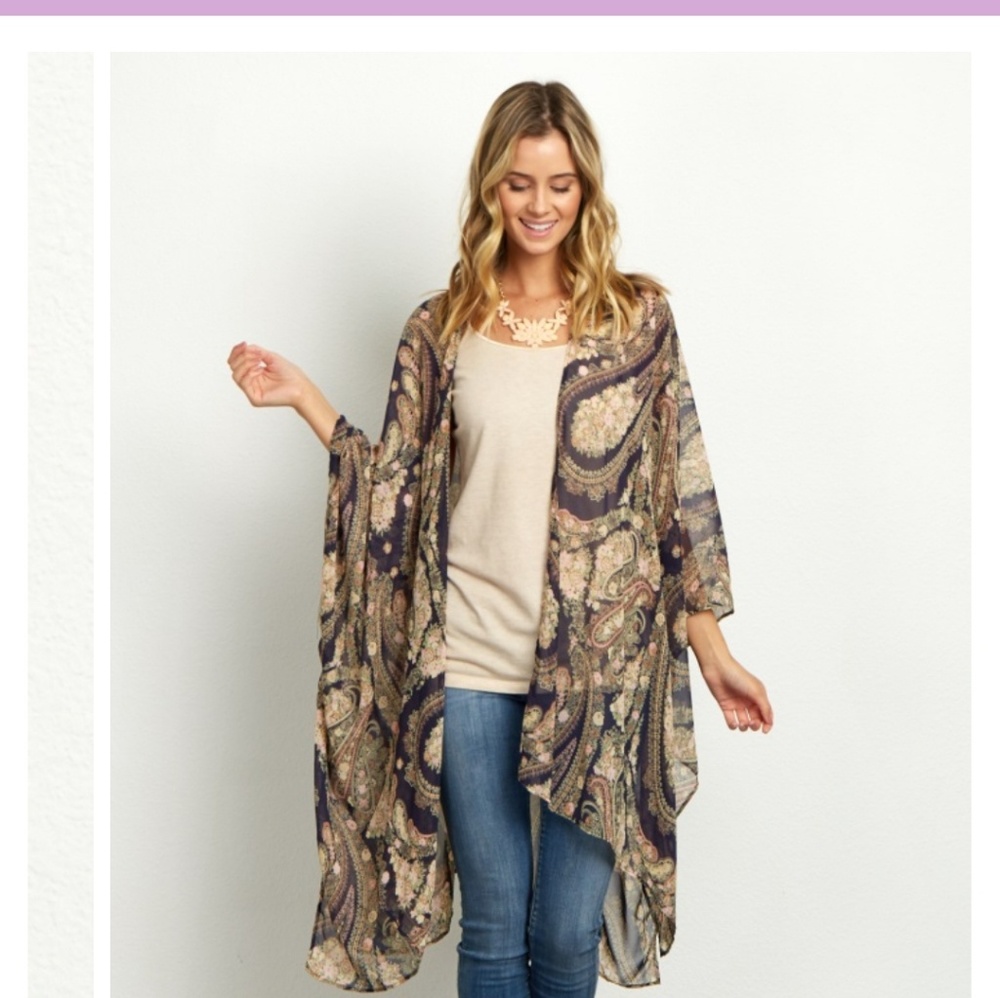 Navy Blue Paisley Assymeteic Kimono